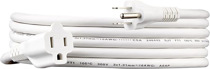 Amazon Basics Extension Cord, 10 Ft, 3-Prong Outlet Extender, Indoor Use, 13 Amps, 125V, White