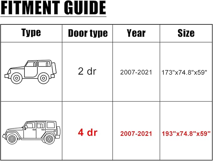 X AUTOHAUX Car Cover for Jeep Wrangler JK JL YJ TJ 4 Door 2007-2021 Outdoor Waterproof Sun Rain Dust Wind Snow Protection w/Driver Door Zipper Black