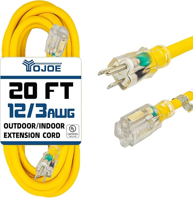 YOJOE Indoor Outdoor Extension Cord with Lighted End, 3 Prong 15A Weatherproof Power Cord, 12 Gauge Heavy Duty 20 ft Yellow Extension Cord for Garage, Garden and Home, 12/3 SJTW UL Listed