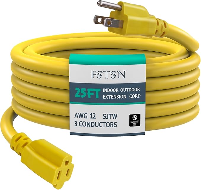 25 ft Heavy Duty Extension Cord Yellow - 12/3 SJTW 15 AMP Indoor/Outdoor Power Cord with 3 Prong Grounded Plug for Lawn Mower, Appliances, Workshop, Water Resistant Flexible Cable.