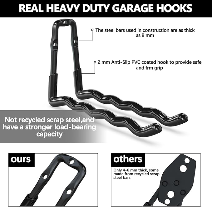 3-H Super Heavy Duty Garage Hooks 14 Pack, One-Piece Construction Garage Wall Hooks, Garage Hanger & Organizer Wall Mount for Ladders, Bikes, Chairs, WeedEaters, Shovels, Garden Tools (Black)