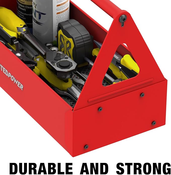 UNITEDPOWER Handy Tool Box, Portable Metal Tote Tray with comfortable grip handle, Tool Organization for Household, Warehouse, Repair Shop, Red