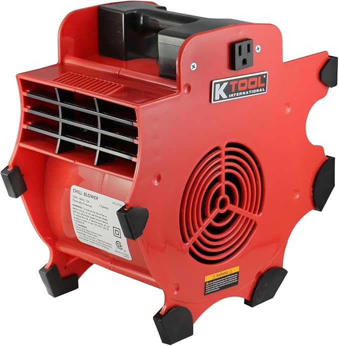 K Tool International 77702 Utility Floor Blower Fan, 300 CFM, 3 Speed Motor, Overload Protection, Impact Resistant ABS, 180 Watt, 110-120V, 60Hz, 12 Amp, 4 Angle Positions, Indoor/Outdoor, Red