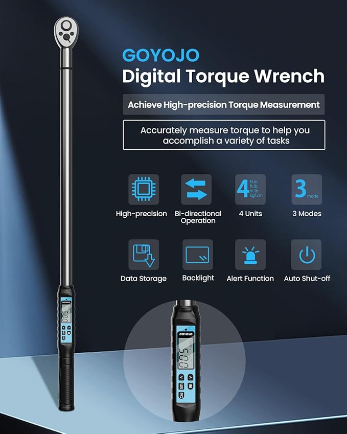 GOYOJO 3/4 Inch Digital Torque Wrench 11~369 ft-lb/15~500Nm, for Heavy Machinery, Construction Equipment & Industrial Assembly, with ±2% Accuracy, Vibration, Buzzer and LED Flash Notification