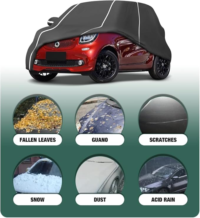 Fluorescent Strip Design 6 Layers Waterproof Car Cover Compatible for Smart Fortwo 2007-2022 All Weather Full Car Cover with Storage Bag
