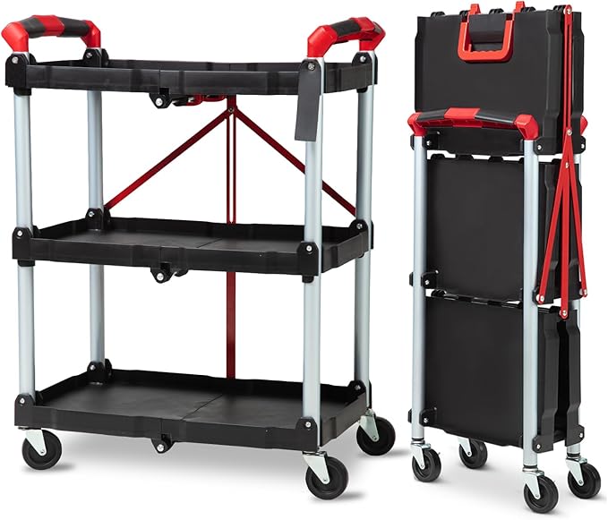 PioneerWorks Folding Utility Service Cart, Collapsible Cart with Wheels, 3 Tier Rolling Utility Cart, Folding Cart with Wheels Collapsible, Service Cart for Tool, Grocery, Bar, Garage, Kitchen, Office