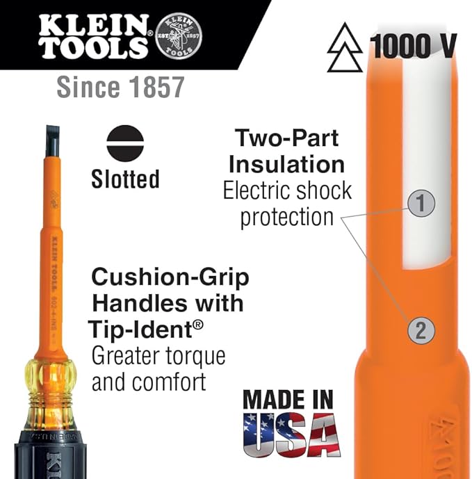 Klein Tools 602-4-INS 1/4-Inch Cabinet Tip Insulated Screwdriver, Made in USA, 4-Inch