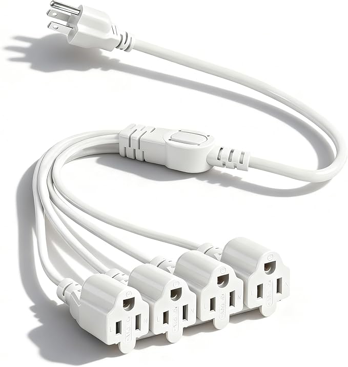 3 Prong Outlet Splitter Extension Cord,1-to-4 Indoor Outdoor Extension Cord,20 inch Y-Type Power Splitter,SJT 16AWG,UL Approved for Home Office Appliance,LED Stage Lights and Electronics(White)