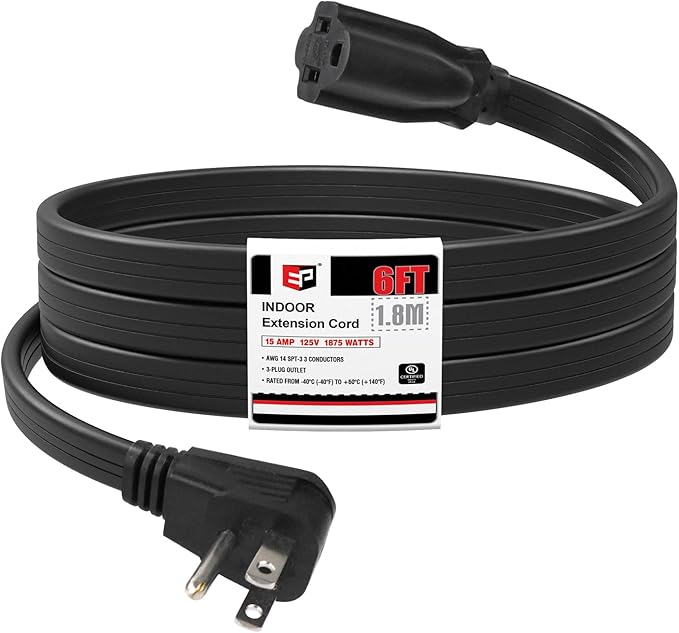 EP 6 Ft Heavy Duty Appliance Extension Cord - 14 Gauge 3 Prong Grounded Cable Wire, Ideal for Air Conditioners, Refrigerators, Microwaves, Washing Machines & More - Indoor Use, Black