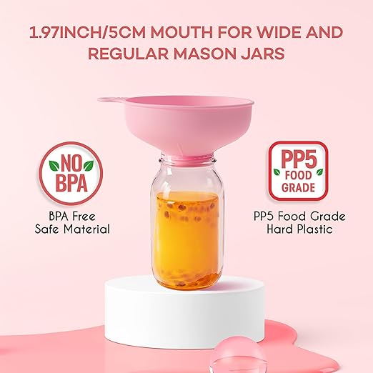 Pisol Wide Mouth Versatile Funnel, Canning Funnels for Kitchen Use, Food Grade Plastic Cooking Funnel Set with 4 Size Spouts and 2 Strainers for Filling Different Bottles and Bags, Pink