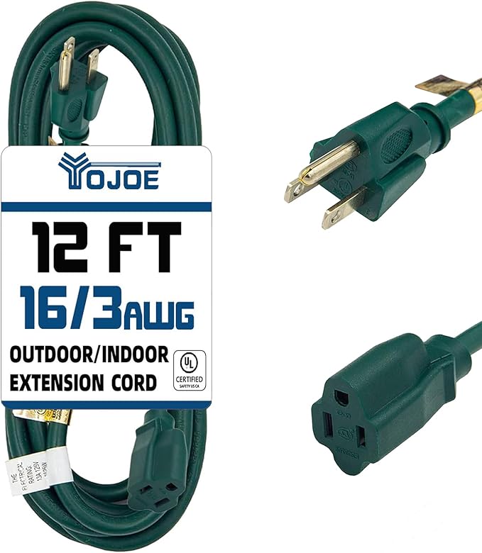 YOJOE Indoor Outdoor Extension Cord, 3 Prong 13A Weatherproof Power Cord, 16 Gauge Heavy Duty 12 ft Green Extension Cord for Garage, Garden and Home, 16/3 SJTW UL Listed