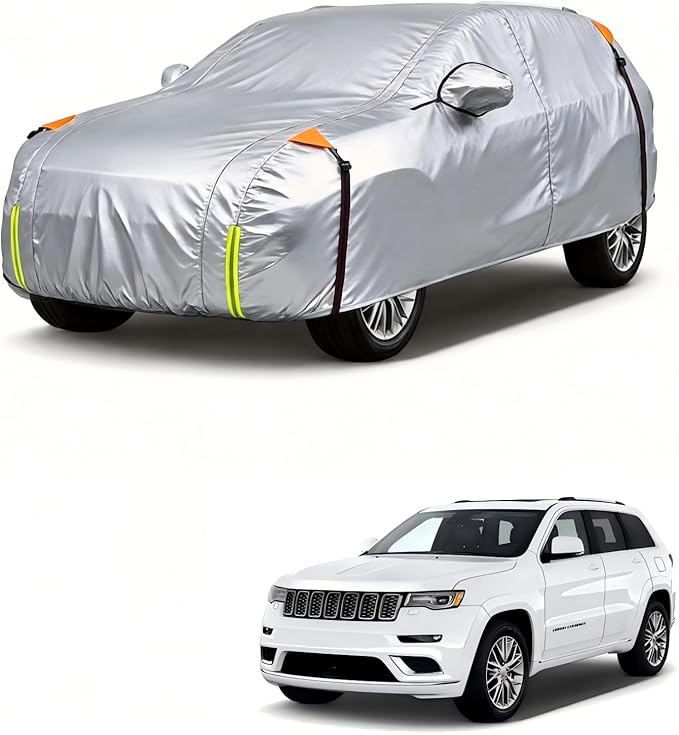 Wigoo Jeep Grand Cherokee Car Cover Accessories 1999-2026, Custom Fit Waterproof All Weather Outdoor Full SUV Cover, Windproof Sun UV Rain Snow Dust Protection, Door Zipper, Reflective Strips