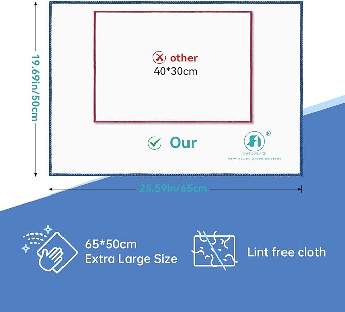 Microfibre Cleaning Cloths, 65 X 50cm Large Lint Free Glass Polishing Cloths for Glasses, Glassware, Stemware, Lens (White, 65 x 50 cm 2pcs)