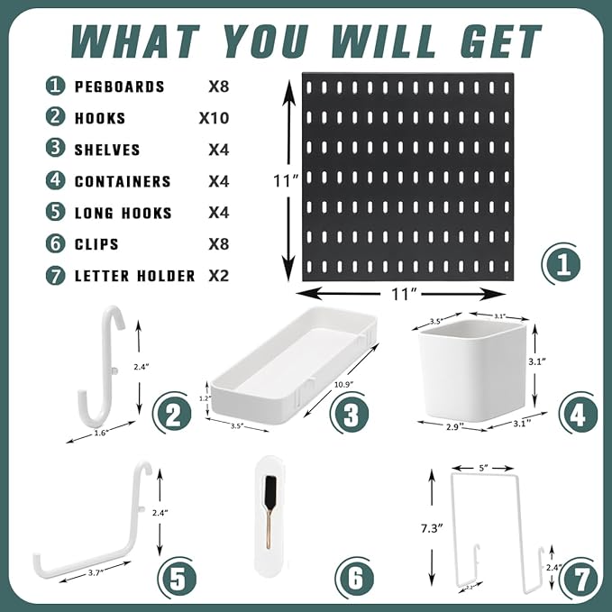 MULSAME Pegboard Combination Kit, Wall Mounted Storage Set with 8 Pegboards & 32 Accessories Hanging, Black Peg Boards Organizer for Walls Display, Crafts Organization, Kitchen Organizer, 22" x 44"