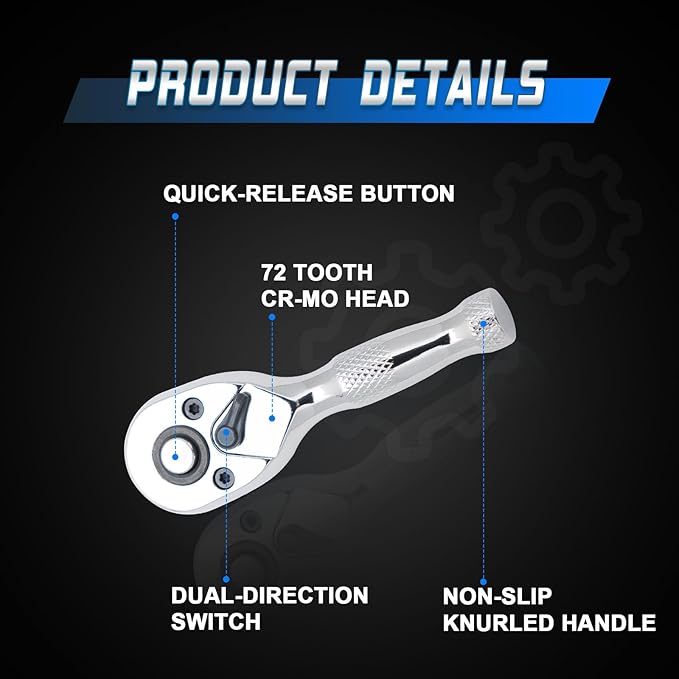 1/4 Inch Drive Stubby Ratchet Mini Ratchet Wrench,1/4 Socket Wrench, 72-Tooth Quick-Release，Reversible,Chrome Vanadium Alloy Steel for Durability