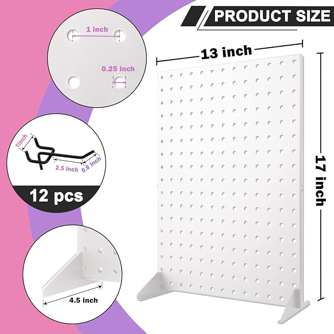 Acfunique Peg Board Display Stand for Vendors with 12 Hooks Metal Tabletop Pegboard Display Stand for Craft Shows 17" X 13" Retail Display Racks Peg Board Organizer Holder White