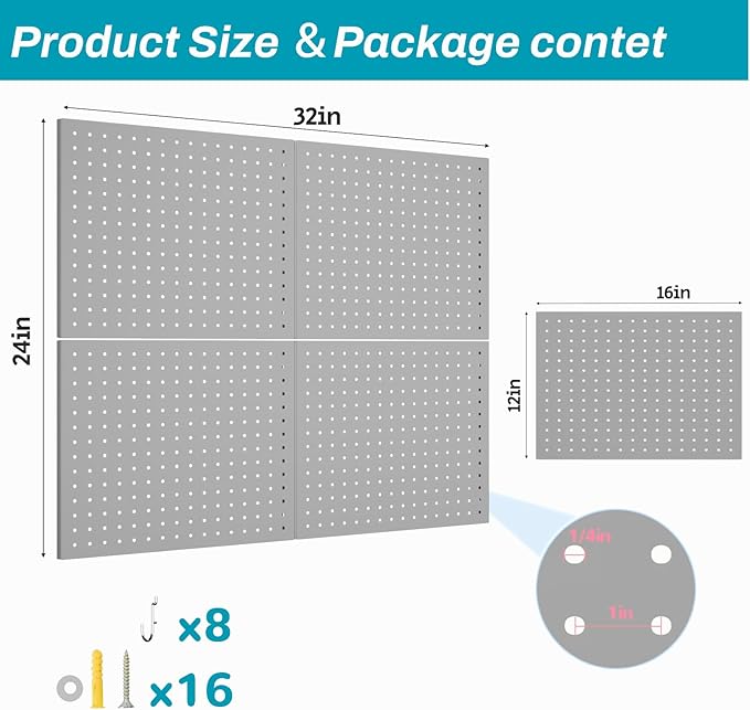 Peg Board,4 Pack Metal Pegboard Panels with 8 hooks,PegBoard Wall Organizer,16"x12" Steel PegBoard for Walls,Tools,Garage,Office,Kitchen