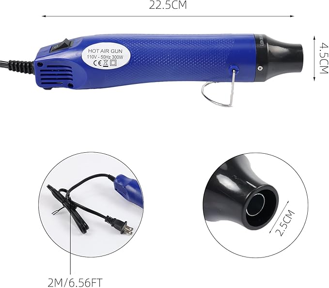 Heat Gun for Crafting, 110V 300W Handed Hot Air Gun, 3.28FT Ultra-Long Cable Portable Heat Gun with Stand and Power Cord for Shrinking Wrapping PVC, DIY Embossing and Drying Paint (Blue)