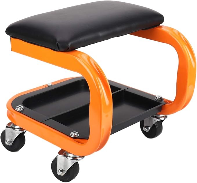 Heavy Duty Rolling Shop Stool, Mechanics Chair with Wheels, 400LBS Capacity Rolling Stool for Garage with Casters, Mechanics Roller Seat with Segmented Tool Tray and Comfortable Leather Cushion