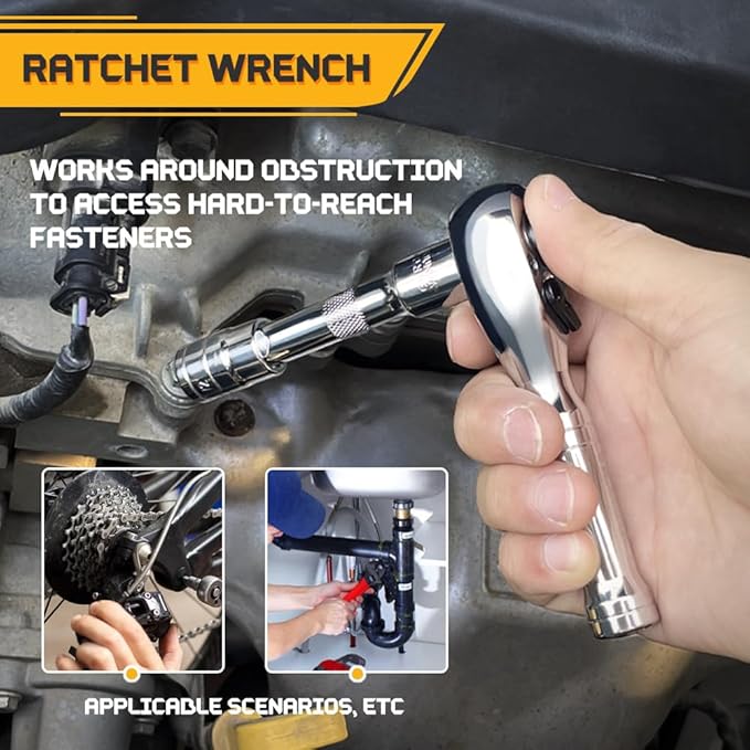 Stubby Ratchet Set- 3/8" Drive Ratchet Handle with a Extension Bars, Gift for Men 72-T Reversible Quick Release Head Premium Mini Ratchet Wrench for Narrow Spaces