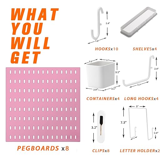Pegboard Combination Kit, 8 Peg Boards and 30 Accessories Modular Hanging Black Pegboard for Walls, Office Wall Organizer, Keys Holder on Wall, Nursery Storage, 44"x22" Pink