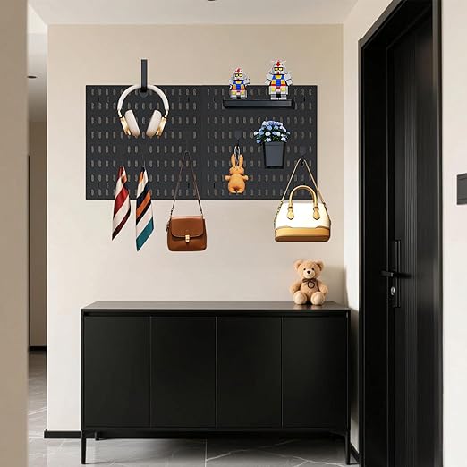 Pegboard Combination Wall Organizer Kit，4 Pegboards & 20 Accessories, Mount Display Pegboard Panel for Home Office, Gaming Room, Wall Storage,Crafts Organization,12''x12'' Each (Black)