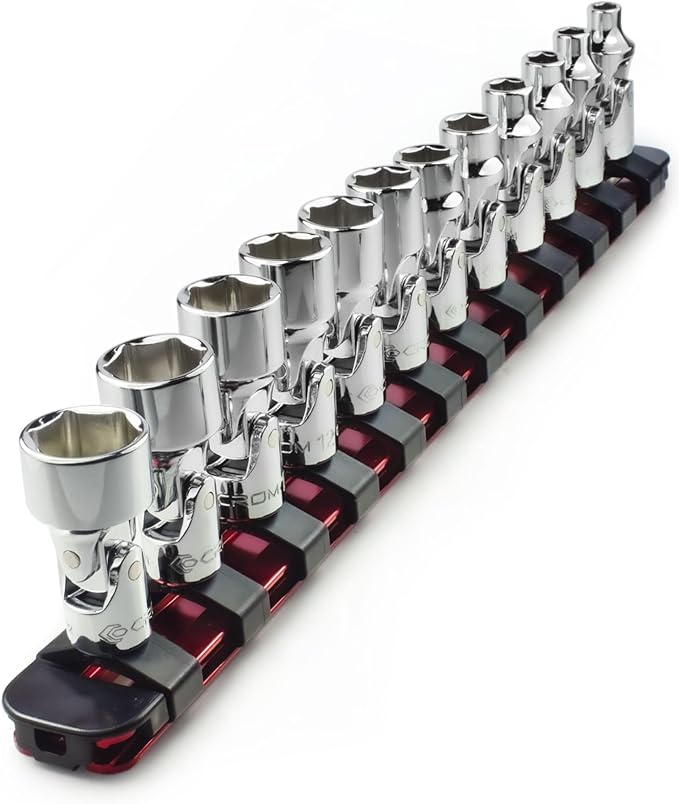 CROM Universal Flex Socket Set - 1/4 Inch Drive 6-Point 12-Piece Swivel Socket Set from 5mm to 15mm Metric - Swivel Joint for Easier Access to Tight Spaces - Aluminum Storage Rail Included