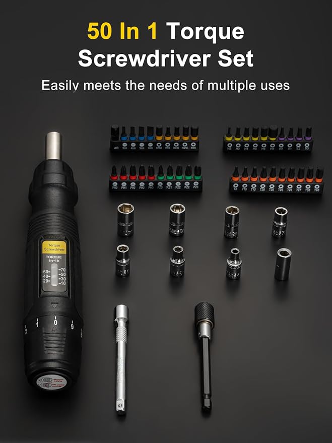GROWNEER 1/4'' Drive Torque Wrench Screwdriver, 10-70 In-lb Inch Pound Torque Screwdriver Electrician Kit with Sockets & S2 Bits, 50 In 1 Set for Electronics Maintenance Bike Repair Mounting