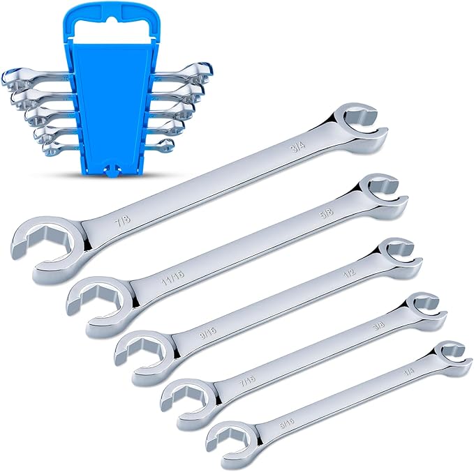 EFFICERE 5-Piece Double-End SAE Flare Nut Wrench Set in Rack, Size 1/4, 5/16, 3/8, 7/16, 1/2, 9/16, 5/8, 11/16, 3/4, 7/8” | Cr-V Steel, 6-Point Head, Best Line Wrench for Fuel, Brake, Air Conditioning