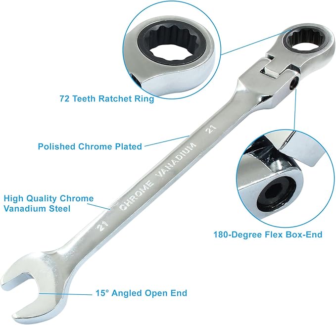 21mm Flex Head Ratchet Wrench, 12 Point Chrome Vanadium Steel Combination Spanner with 72 Tooth Ratcheting Gear, Metric Industrial Grade Tool for Automotive and Mechanical Maintenance