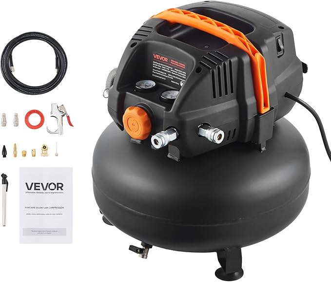 VEVOR 6 Gallon Air Compressor, 1.7HP 2.3CFM@90PSI Portable Pancake Air Compressor & 150PSI Max Pressure, 12-Piece Accessory Kit with 25FT Air Hose for Tire Inflation, Spray Painting, Woodwork Nailing