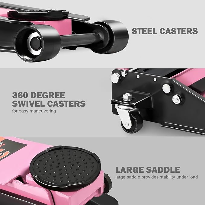 PM PERFORMOTOR Low Profile Hydraulic Trolley Service/Floor Jack, 3 Ton (6000 lbs) Capacity, Lifting Range 3"-20",Pink,PM-TOL-FJ30-PK
