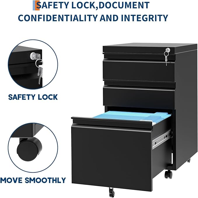 GAOMON 3-Drawer Mobile File Cabinet with Lock, Metal Filing Cabinet on Wheels, Fits Letter/Legal/A4 Files, Space-Saving Under Desk Office Storage Organizer for Home Office, Easy Assembly, Black