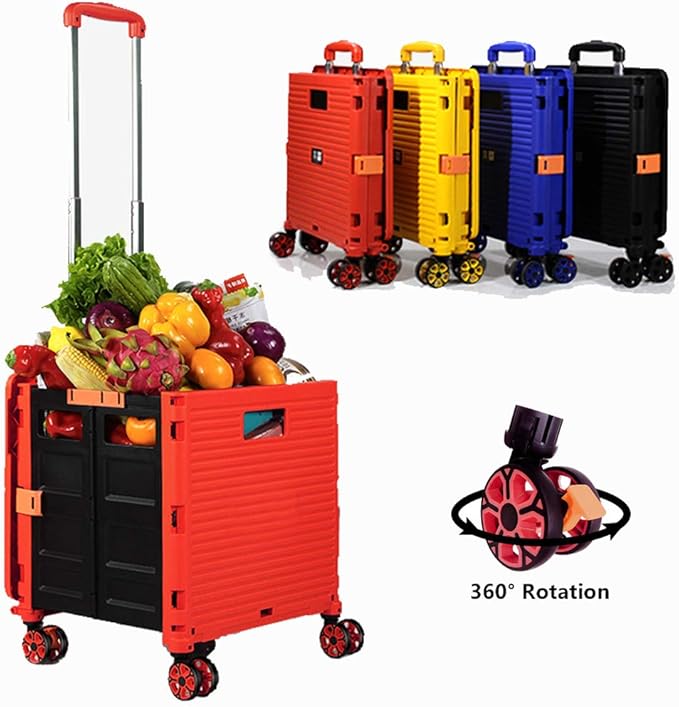 Foldable Utility Cart Folding Portable Rolling Crate Handcart Shopping Trolley Wheel Box with Lid Wear-Resistant Noiseless 360°Rotate Wheel for Travel Shopping Moving Storage Office Use (Red)