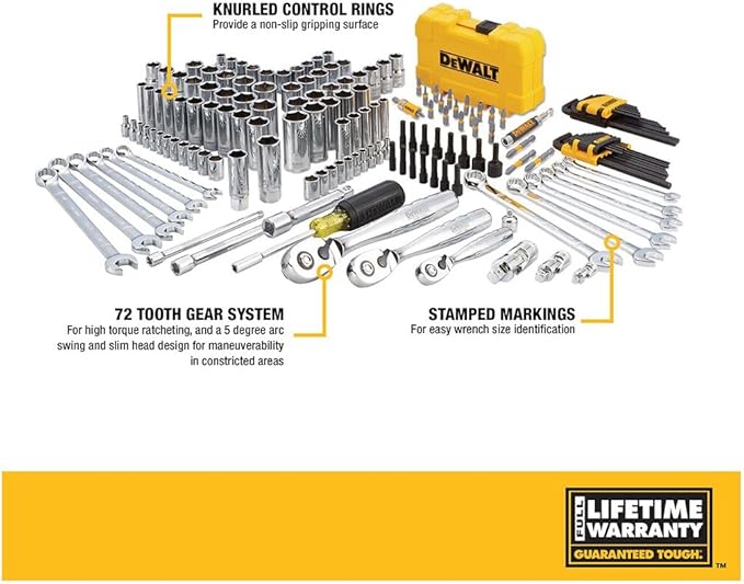 DEWALT Mechanic Tool Set with Case, Socket Set Metric and Standard Full, 1/4" & 3/8" Drive, Hex Keys and Specialty Tools, 168-Piece (DWMT73803)