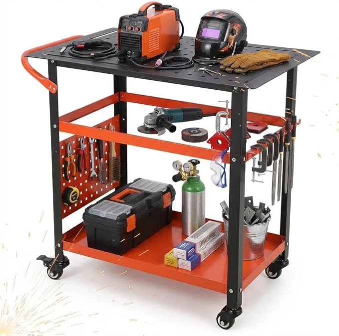 Heavy-Duty Welding Table with Wheels, 36"X24" Portable Welder Workbench with 5/8" Fixture Holes & Storage Panels for Shop & Workshop | Mobile Welding Station & Fabrication Table