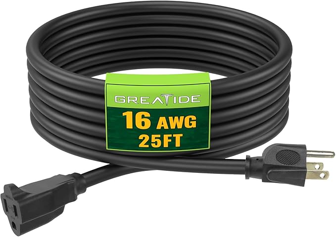 Indoor Outdoor Extension Cord 25 FT, 16/3 SJTW Weatherproof Black Electrical Cords, 13 AMP Heavy Duty 3 Prong Power Cable Great for Garden, Landscaping & Holiday Decorations