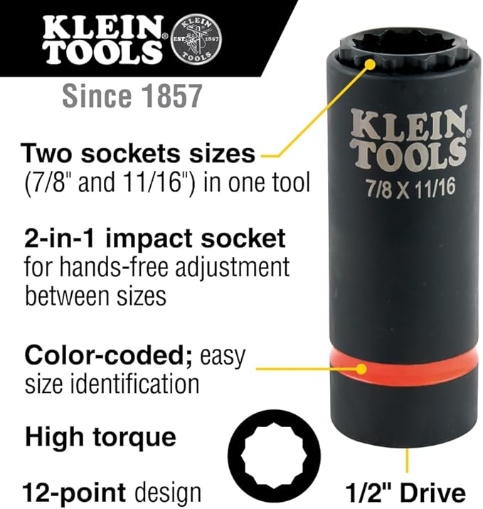 Klein Tools 66014 2-in-1 Impact Socket with 12-Point Deep Sockets, Coaxial Spring Loaded in 7/8- and 11/16-Inch Sizes