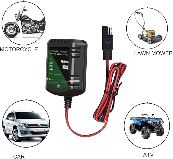 12 Volt Battery Charger 750mA Automatic Battery maintainer trickle Battery Charger Smart Float Charger for Automotive car Motorcycle Lawn Mower Boat ATV Sealed Lead Acid Batteries