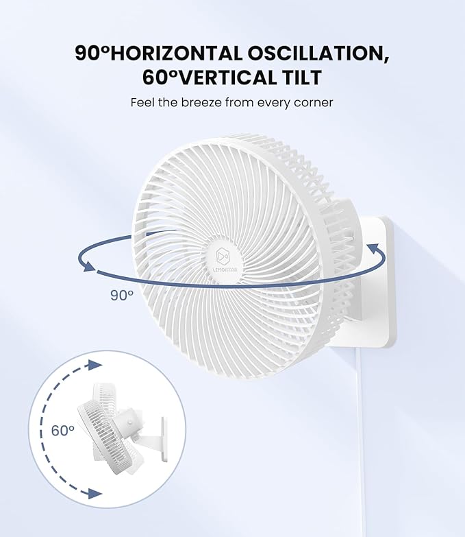 LEMOISTAR 10 Inch Wall Mounted Fan with Remote Control, 90° Oscillating, 4 Speeds, 4 Timer, Adjustable Tilt, 70 Inch Cord, Quiet, for Bedroom Garage RV Office Home Patio-White