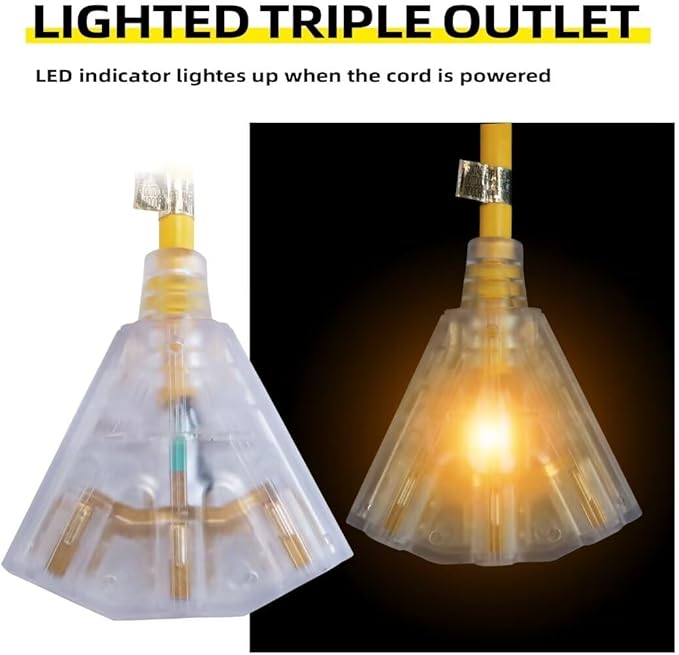 6 Ft Lighted Outdoor Extension Cord with 3 Electrical Power Outlets - 12/3 SJTW Heavy Duty Yellow Extension Cable with 3 Prong Grounded Plug for Safety, UL Listed