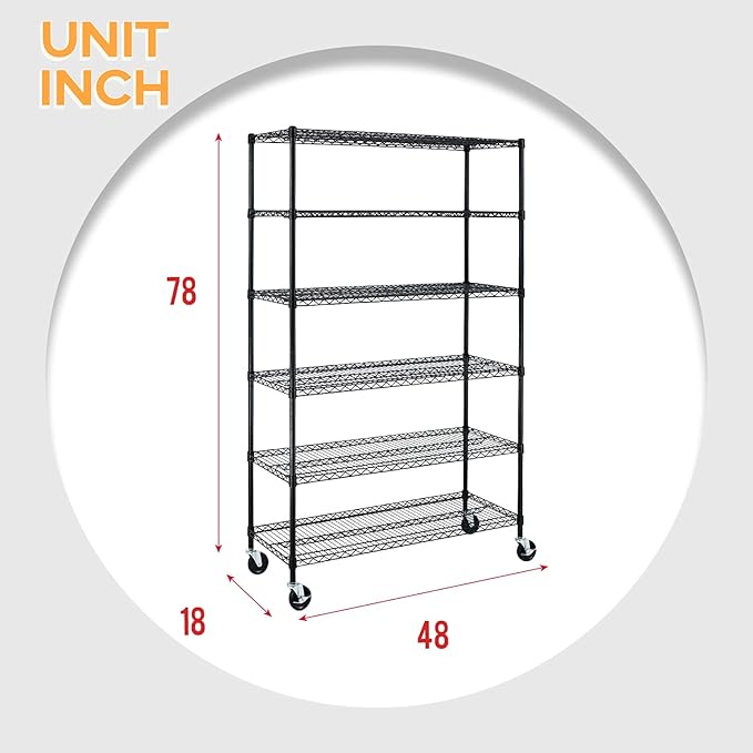 BestMassage Wire Shelving Unit Heavy Duty Garage Storage Shelves Large Metal Shelf Organizer 6-Tier Height Adjustable Commercial Grade Utility Steel Rack with Wheels,18 x 48 x 72 (Black)