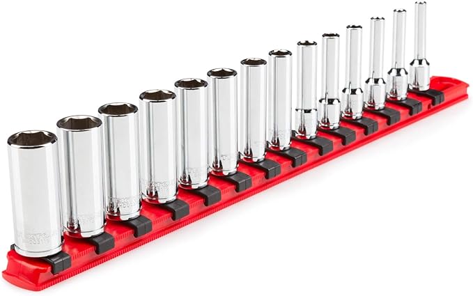 TEKTON 1/4 Inch Drive Deep 6-Point Socket Set with Rail, 14-Piece (4-15 mm) | SHD90113