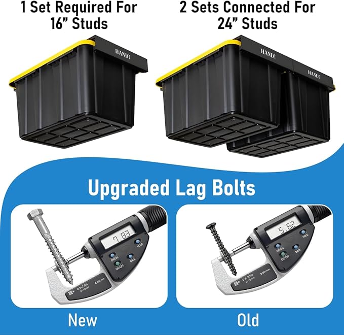 HandT USA Based Overhead Garage Storage Rack, Ceiling Tote Bin Organization Rails Shelving Racks System, Heavy Duty Hanging Metal Rack Systems for 27 Gallon Container, Supports Most Bins, 4 Sets Black