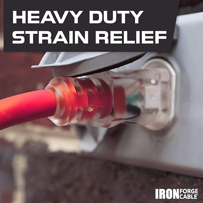 Iron Forge Cable Lighted Outdoor Extension Cord 25 ft - 14 Gauge 15 Amp Heavy Duty Power Extension Cords - SJTW - Great for Major Appliances, Power Tools, Garden Supplies - Red