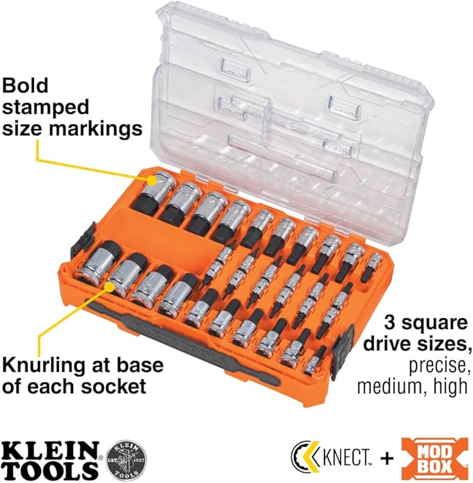 Klein Tools 65233HEX Hex Bit Socket Set, 1/4, 3/8, 1/2-Inch Drives, Knurled, SAE (5/64 to 3/4 inch) and Metric (2 to 19mm) with MODbox Case, 32-Piece