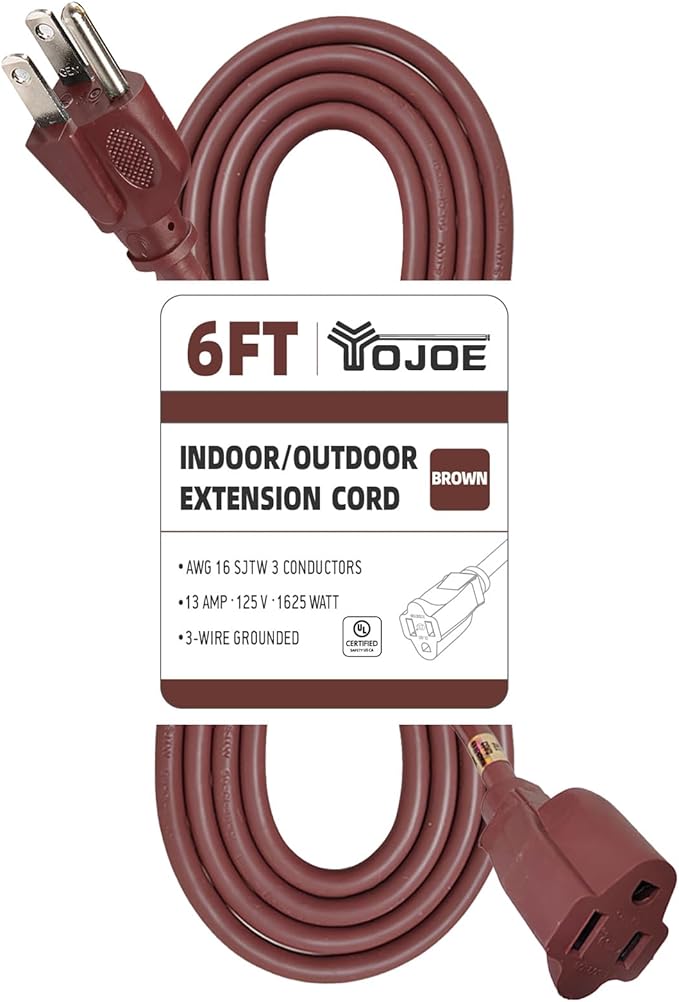 YOJOE Indoor Outdoor Extension Cord, 3 Prong 13A Weatherproof Power Cord, 16 Gauge Heavy Duty 6 ft Brown Extension Cord for Garage, Garden and Home, 16/3 SJTW UL Listed