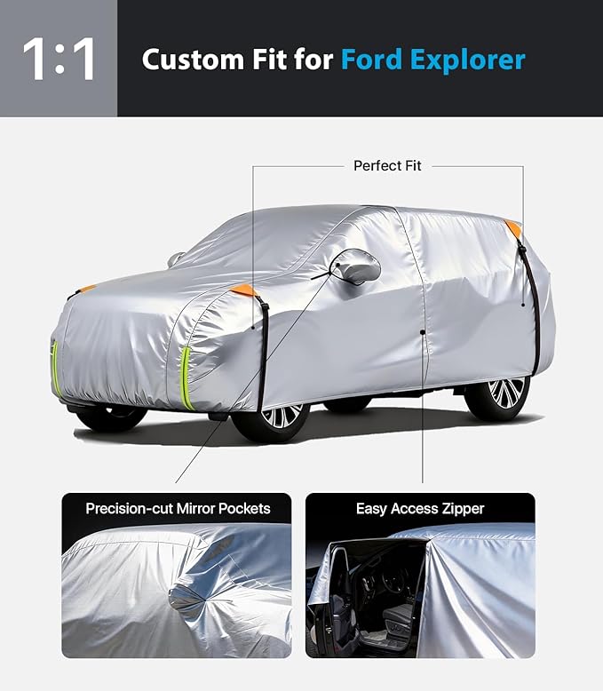 Wigoo Ford Explorer Car Cover Accessories 2006-2026, Custom Fit Waterproof All Weather Outdoor Indoor Full SUV Cover, Windproof Sun UV Rain Snow Dust Protection, Door Zipper, Reflective Strips