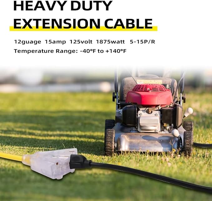 50 Ft Lighted Outdoor Extension Cord with 3 Electrical Power Outlets - 12/3 SJTW Heavy Duty Yellow Extension Cable with 3 Prong Grounded Plug for Safety, UL Listed