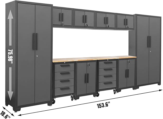 Torin 12 Piece Garage Storage Cabinet Set: Workshop Tool Organizer Chest with Lockers, Shelves and Wood Workbench, Black/Grey